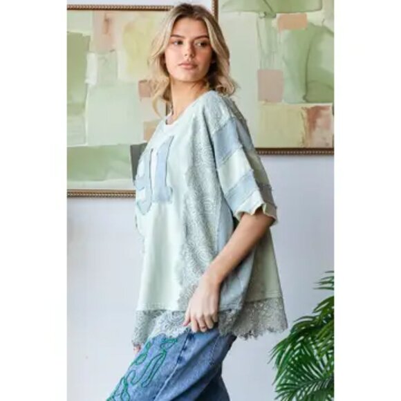 037 Oli & Hali Washed Number Patchwork Mix Media Tee NEW Size Large - Picture 4 of 6